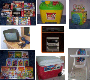 Nintendo 64 and Games, Videos,Childrens Bricks, High Chair, Pram/Stroller, Wooden Playcube, Coolbox, Hairdryer, Cable TVs with Video Recorders